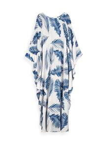 Blue Feather Print House Kaftan Batwing Sleeve Cover Up Dress Summer