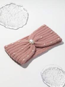 1pc Solid Color, Simple Style, Thickened Winter Headband Hair Accessory With Faux Pearl & Rhinestone Decor, Suitable For Keeping Warm And Daily Wear In Autumn And Winter - Pink - View 2