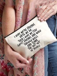 1pc Cosmetic Bag,Makeup Bag Best Friend Birthday Gift For Her, Toiletries Storage Case,Bridesmaid Gift,Ghost Friends Cosmetic Bag, Gift For Her,Friendship Gifts For Women,Personalised Gifts For Her,Letter Print Cosmetics Bag Makeup Bag Makeup Storage Bag Cosmetic Bag Beauty Bag,Travel Makeup Organizer Portable Storage Bag,Travel Bag Toiletry Case Multifunction Pouch Gifts,For Travel Business,Vacation,Daily - Beige - View 2