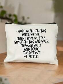 1pc Cosmetic Bag,Makeup Bag Best Friend Birthday Gift For Her, Toiletries Storage Case,Bridesmaid Gift,Ghost Friends Cosmetic Bag, Gift For Her,Friendship Gifts For Women,Personalised Gifts For Her,Letter Print Cosmetics Bag Makeup Bag Makeup Storage Bag Cosmetic Bag Beauty Bag,Travel Makeup Organizer Portable Storage Bag,Travel Bag Toiletry Case Multifunction Pouch Gifts,For Travel Business,Vacation,Daily - Beige - View 3