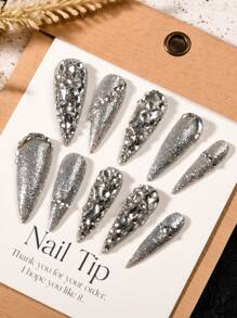 (l號碼)使用10入組手工壓花假指甲,銀色閃爍閃光款式時尚適用於派對女性和女孩們 - 彩色 - 查看 1