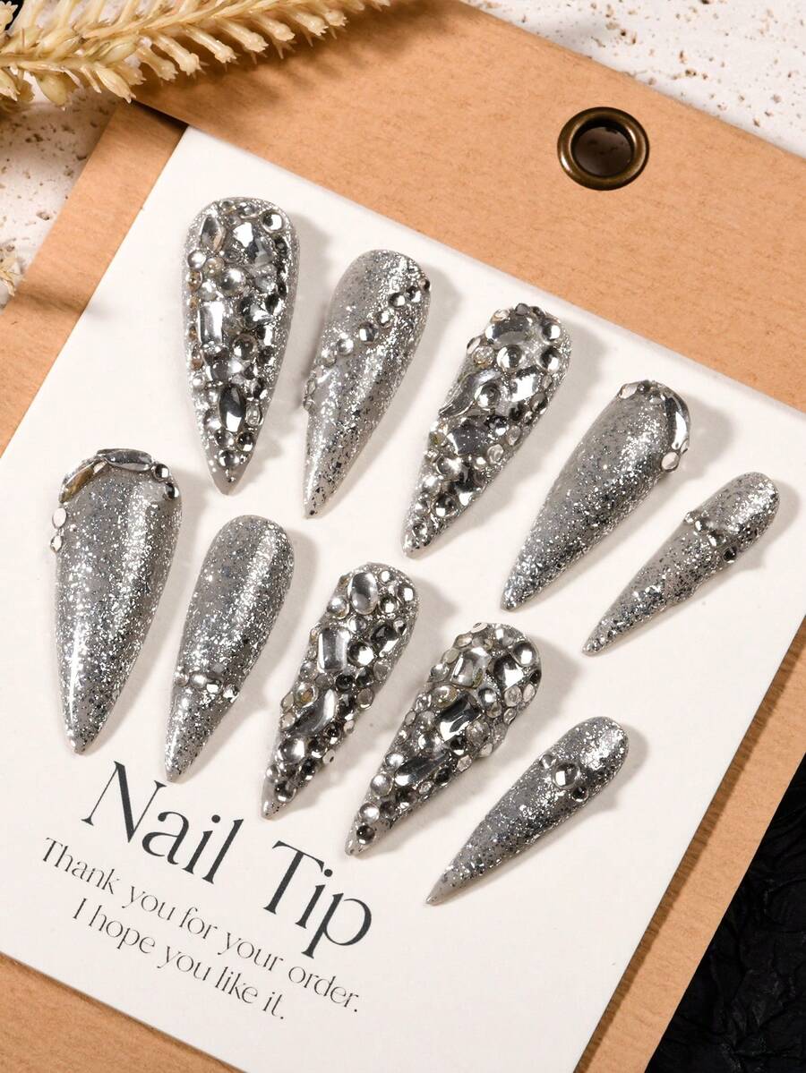 (l號碼)使用10入組手工壓花假指甲,銀色閃爍閃光款式時尚適用於派對女性和女孩們 - 彩色 - 查看 1