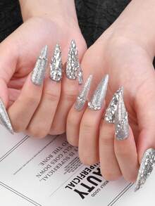 (l號碼)使用10入組手工壓花假指甲,銀色閃爍閃光款式時尚適用於派對女性和女孩們 - 彩色 - 查看 3