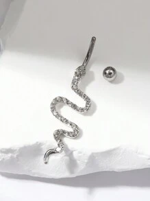 1pc Silver Luxury Belly Button Ring With Rhinestone And Snake Design For Women's Party Wear - Silver - View 3