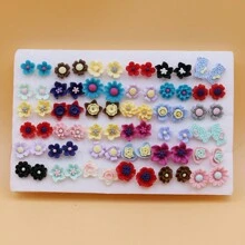 18對/36對簡單海綿包裝隨機混合彩色樹脂花芯耳釘套裝,包含塑料耳釘 - 彩色 - 查看 4