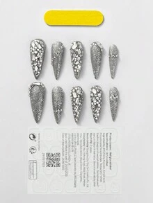 (l號碼)使用10入組手工壓花假指甲,銀色閃爍閃光款式時尚適用於派對女性和女孩們 - 彩色 - 查看 7