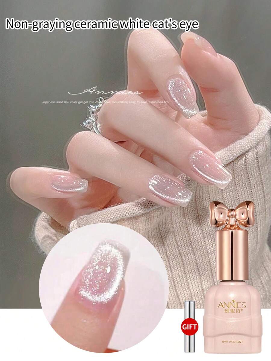 annies 10Ml/1Pc Ceramic White Cat Eye Reflective Magnetic Gel Nail Polish For Professional Salon Reflective Flash Magnetic Gel Nail Varnish Semi-Permanent Phototherapy Glue Nail Salon