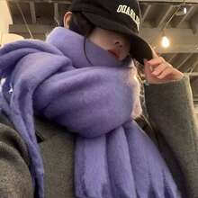 1條女士純色仿羊絨圍巾,新品秋冬保暖頸巾 - 玫紅色 - 查看 2