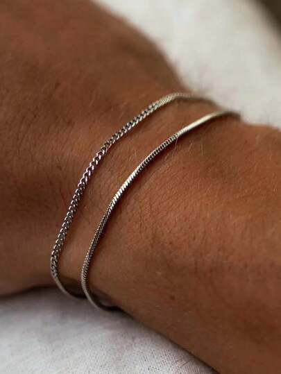 2pcs/set Stainless Steel Silver-tone Minimalist Bracelet For Men, Sporty And Versatile