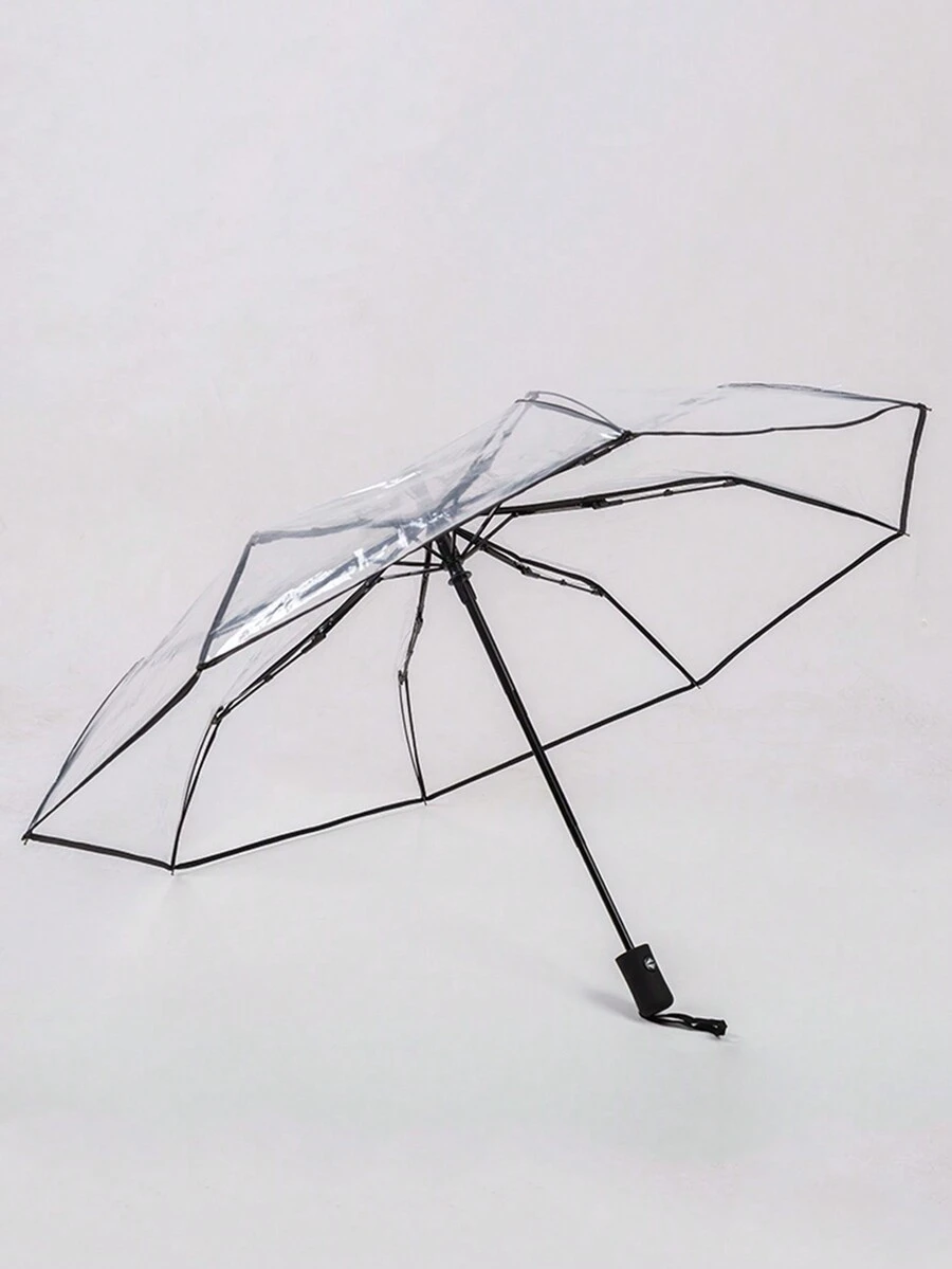 1pc Automatic Folding Transparent 3-Fold Umbrella For Women, Windproof 8-Ribbed Frame - Black - View 1