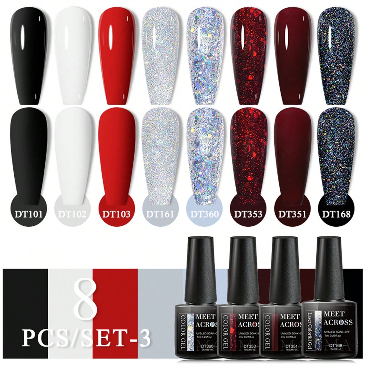 Shein Multicolor 8Pcs Color Gel Nail Polish Set White Black Red Pink Glitter Nail Art Semi Permanent Soak Off Gel Varnish Manicure Kit Salon Diy Gel Nail Design Decoration At Home Nails