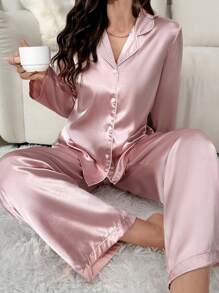Nina Bonheur 2pcs Women Poplin Open Front Button Down Long Sleeve Shirt + Elastic Waist Pants Sleepwear Set, Cute Loungewear, Fall Winter Clothes - Pink - View 1