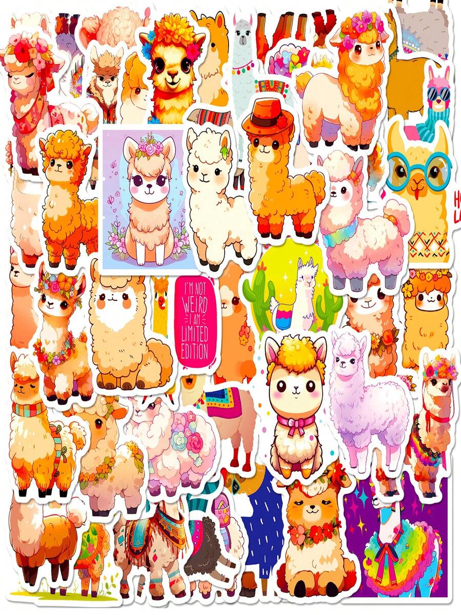 50pcs/Pack Cartoon Llama Cute Animal Pvc Sticker. Suitable For Children's Luggage, Skateboards, Water Bottles, Computers - Healing Sticker - Multicolor - View 1