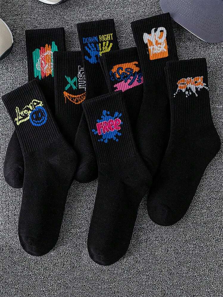 4pairs Men's Random Graffiti Ins Style Mid-calf Socks, Black - Multicolor - View 1