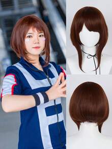 女士 Bob 假发 14 英寸中长直发棕色角色扮演假发，带刘海，适合节日成人或儿童动漫漫画卡通服装角色扮演假发，适合派对，便宜假发合成无胶耐热纤维替换发，学校万圣节感恩节圣诞节服装配饰和 1 件假发帽 - 棕色 - 查看 1