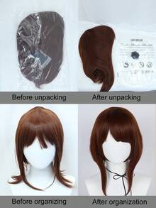 女士 Bob 假发 14 英寸中长直发棕色角色扮演假发，带刘海，适合节日成人或儿童动漫漫画卡通服装角色扮演假发，适合派对，便宜假发合成无胶耐热纤维替换发，学校万圣节感恩节圣诞节服装配饰和 1 件假发帽 - 棕色 - 查看 7