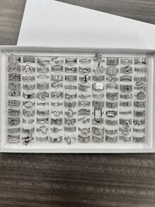 16 piezas de anillos abiertos ajustables de acero inoxidable con patrones surtidos (patrones mixtos) - Plateado - Ver 3