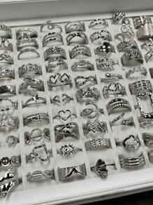 16 piezas de anillos abiertos ajustables de acero inoxidable con patrones surtidos (patrones mixtos) - Plateado - Ver 4