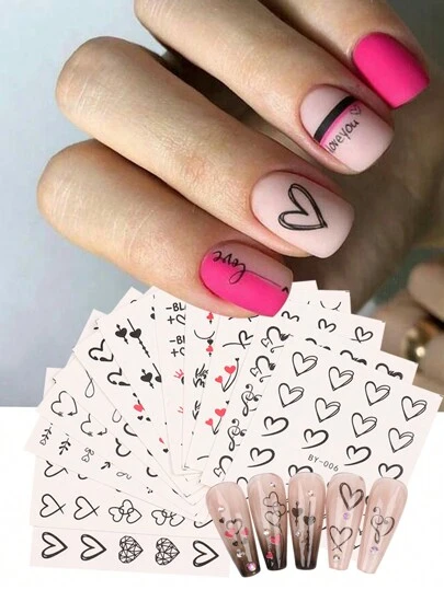 12入組心型水貼紙設計，黑色心形字母紅色心形指甲情人節設計滑動貼紙，指甲藝術裝飾美甲設計美甲貼紙DIY的禮物