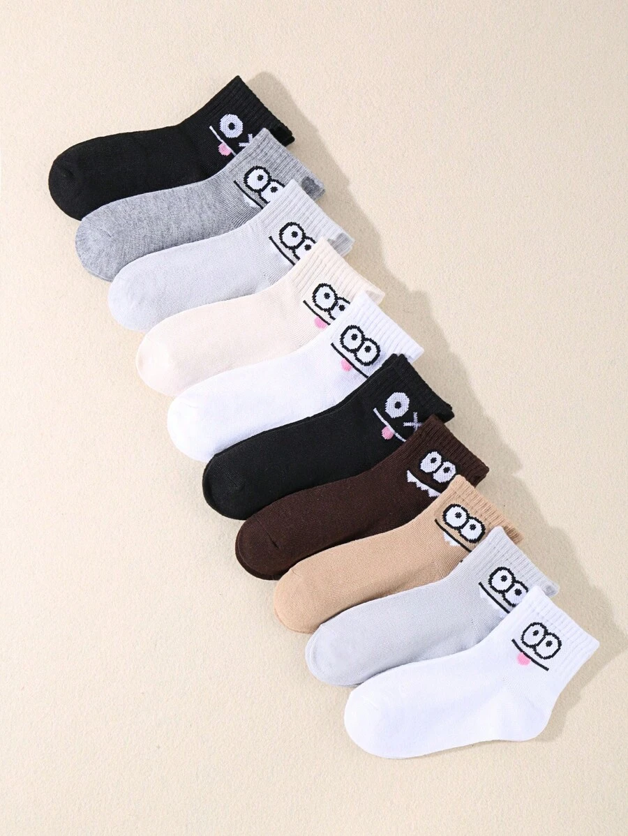 10雙兒童彈性運動卡通表情襪,適合日常穿著 - 彩色 - 查看 1