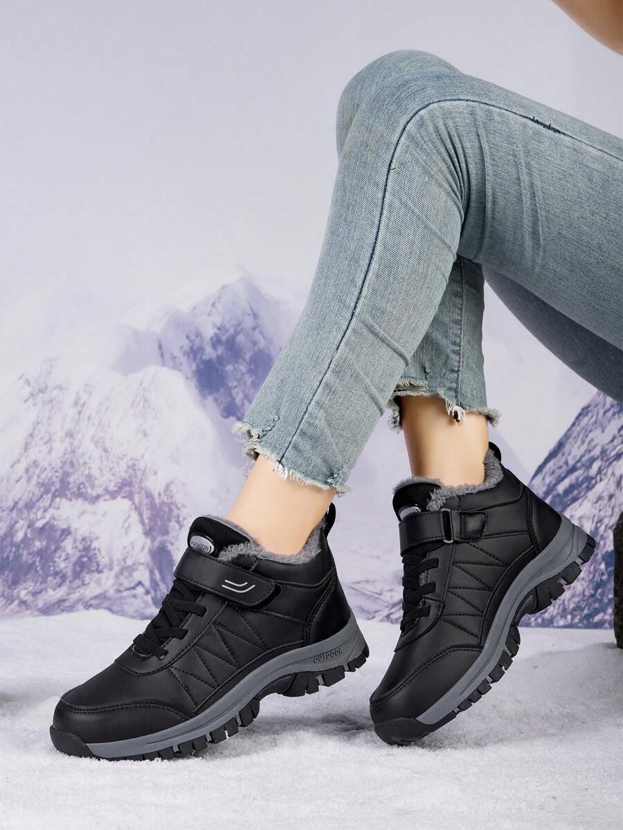 Women's Winter Warm Plush Lined Sneakers, Non-Slip Outdoor Hiking Shoes, Snow Boots, Ankle Boots - Black - View 1