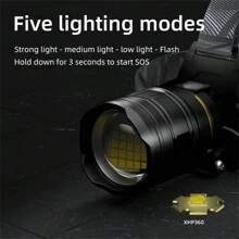 1入xhp360 36顆晶片頭燈附電池和變焦功能,用於釣魚、露營、遠足的強力頭燈