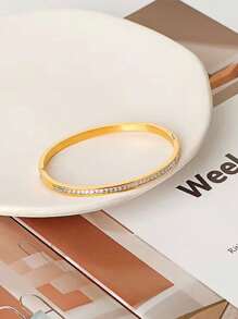 1pc Modern Cubic Zirconia & Stainless Steel Bangle Suitable For Women - Gold - View 8