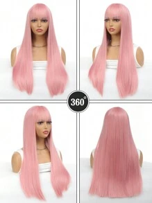 淺粉色帶瀏海長直女用假髮,女孩用粉色假髮耐高溫合成髮彩色角色扮演假髮適用於日常派對 - 粉色 - 查看 3