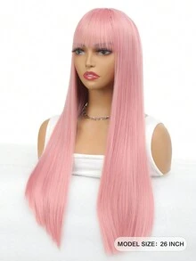 淺粉色帶瀏海長直女用假髮,女孩用粉色假髮耐高溫合成髮彩色角色扮演假髮適用於日常派對 - 粉色 - 查看 2