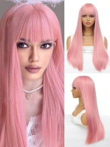 淺粉色帶瀏海長直女用假髮,女孩用粉色假髮耐高溫合成髮彩色角色扮演假髮適用於日常派對 - 粉色 - 查看 1