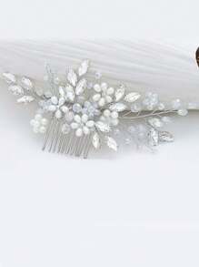 1件装女士手工水晶仿珍珠发梳发饰，适合新娘、婚礼、派对等场合，优雅皇冠造型，情人节配饰 - 銀色 - 查看 2