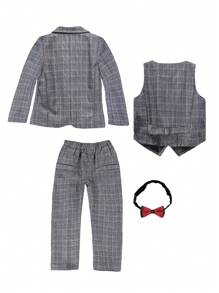 Tween Boy's Checkered Single-Breasted Blazer And Vest Suit, Suit Trousers And Bowtie Set Without Shirt - Grey - View 6