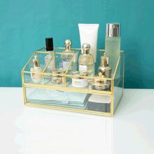 1pc Nordic Style Gold-Plated Makeup Vanity Organizer With Glass Desktop Drawer For Jewelry, Watches And Cosmetics Storage - Gold - View 7