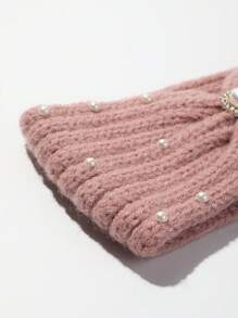 1pc Solid Color, Simple Style, Thickened Winter Headband Hair Accessory With Faux Pearl & Rhinestone Decor, Suitable For Keeping Warm And Daily Wear In Autumn And Winter - Pink - View 3