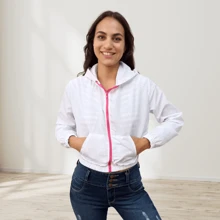 Chamarra Rompevientos Impermeable con capucha y cierre rosa  Chaqueta Deportiva Casual Mujer GYM - Blanco - Ver 6