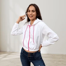Chamarra Rompevientos Impermeable con capucha y cierre rosa  Chaqueta Deportiva Casual Mujer GYM - Blanco - Ver 8