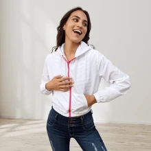 Chamarra Rompevientos Impermeable con capucha y cierre rosa  Chaqueta Deportiva Casual Mujer GYM - Blanco - Ver 7
