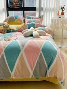 Color Block Rhombus Plaid Pattern Double Needle Quilt Cover - Multicolor - View 3