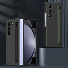 1入女孩專用粉色折疊式皮紋啞光金屬飛龍設計觸控筆＆硬殼＆筆槽＆防摔＆多重保護＆薄型＆商務風格掀蓋手機套，不吸指紋，適用於三星Galaxy Z Fold5 Fold4 Fold3 - 少女粉 - 查看 5