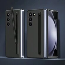 1入女孩專用粉色折疊式皮紋啞光金屬飛龍設計觸控筆＆硬殼＆筆槽＆防摔＆多重保護＆薄型＆商務風格掀蓋手機套，不吸指紋，適用於三星Galaxy Z Fold5 Fold4 Fold3 - 少女粉 - 查看 3