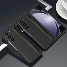 1入女孩專用粉色折疊式皮紋啞光金屬飛龍設計觸控筆＆硬殼＆筆槽＆防摔＆多重保護＆薄型＆商務風格掀蓋手機套，不吸指紋，適用於三星Galaxy Z Fold5 Fold4 Fold3 - 少女粉 - 查看 4