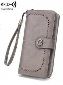 RFID 女士时尚复古大容量拉链 PU 皮革休闲零钱包 2 种款式可选 女士钱包 钱包 长款钱包 腕带钱包 - 灰色 - 查看 8
