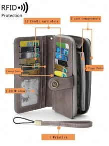 RFID 女士时尚复古大容量拉链 PU 皮革休闲零钱包 2 种款式可选 女士钱包 钱包 长款钱包 腕带钱包 - 灰色 - 查看 2