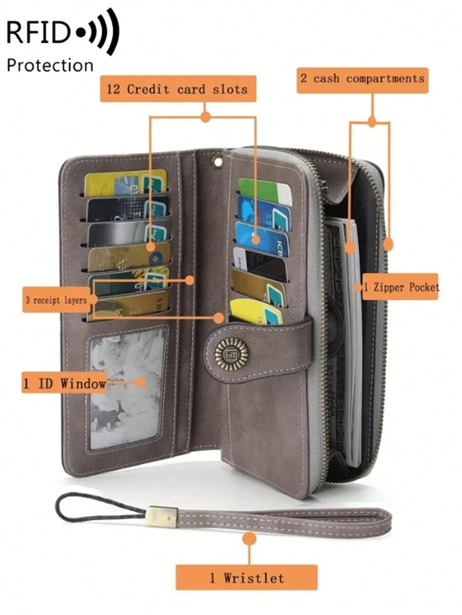 RFID 女士时尚复古大容量拉链 PU 皮革休闲零钱包 2 种款式可选 女士钱包 钱包 长款钱包 腕带钱包