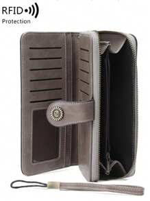 RFID 女士时尚复古大容量拉链 PU 皮革休闲零钱包 2 种款式可选 女士钱包 钱包 长款钱包 腕带钱包 - 灰色 - 查看 5
