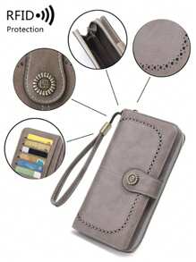 RFID 女士时尚复古大容量拉链 PU 皮革休闲零钱包 2 种款式可选 女士钱包 钱包 长款钱包 腕带钱包 - 灰色 - 查看 3