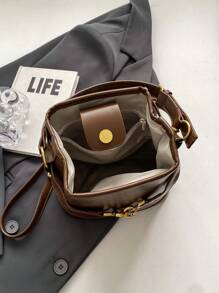 KVKY Elegant Simple Metal Lock Bucket Bag Retro Coffee Brown Shoulder Bag Women's Mini Wallet Ideal for Business Casual Work Holiday Office Vacation - Coffee Brown - View 8