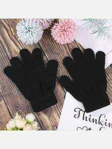 6對兒童純色針織暖手套,可指尖式設計,適用於幼稚園和小學生 - 黑色 - 查看 3