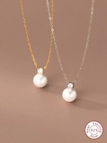 1pc Dainty Faux Pearl Zirconia Pendant Necklace Winter Sweater Necklace For Women S925 Sterling Silver Fine Ladies Jewelry Gift - White - View 6