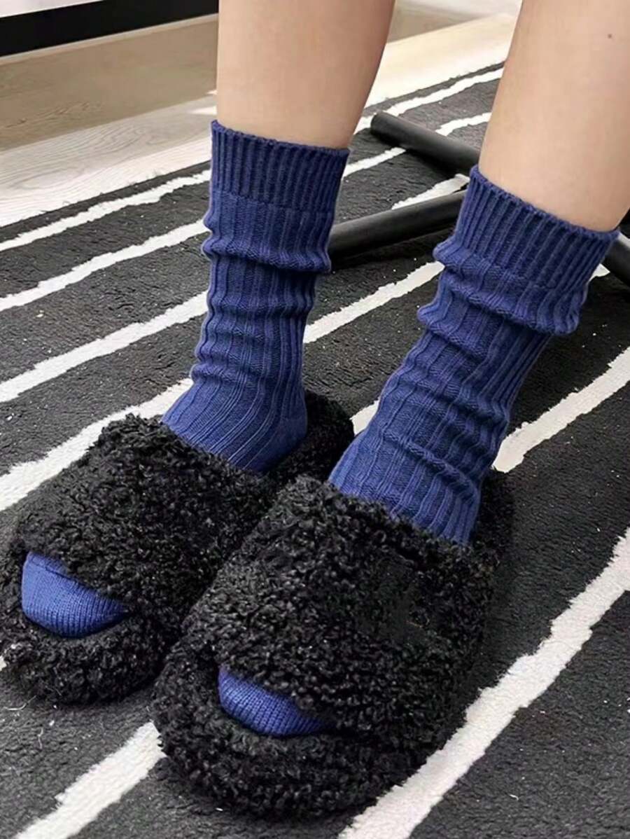 1 Pair Unisex Solid Color Thick Thread Mid-Calf Socks With Vertical Stripe Design, Daily Wear, Simple Style, Fall